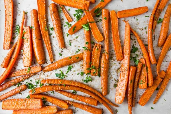 best easy roasted carrots on a sheet pan overhead