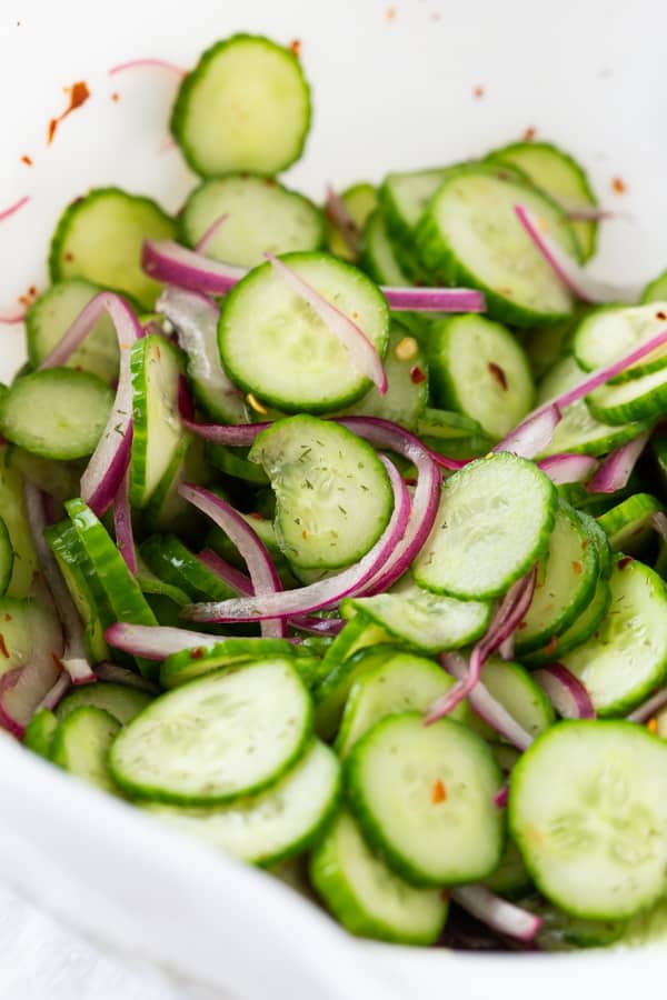 close up picture of sliced cucumber salad