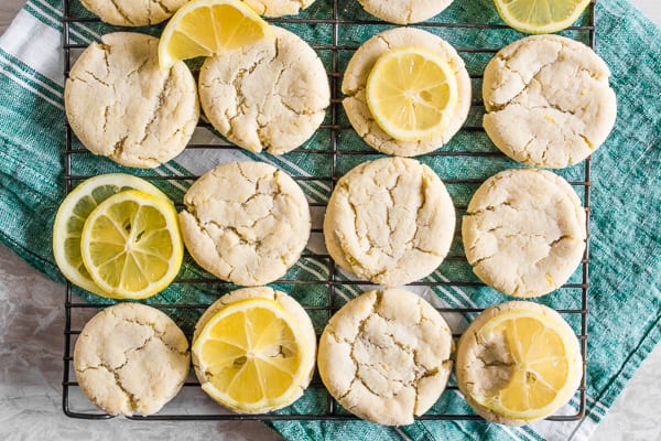 vanilla bean lemon sugar cookies on a tray with a green napkin