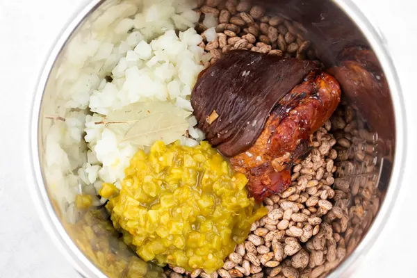 Ingredients in the pot for Instant Pot pinto beans