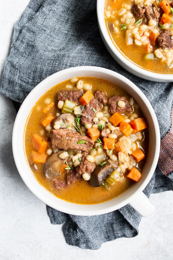 instant pot beef barley soup in 2 bowls