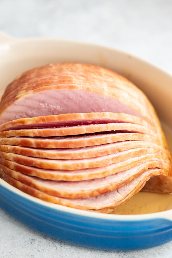 Honey Mustard Baked Ham unbaked to show spiral slices.