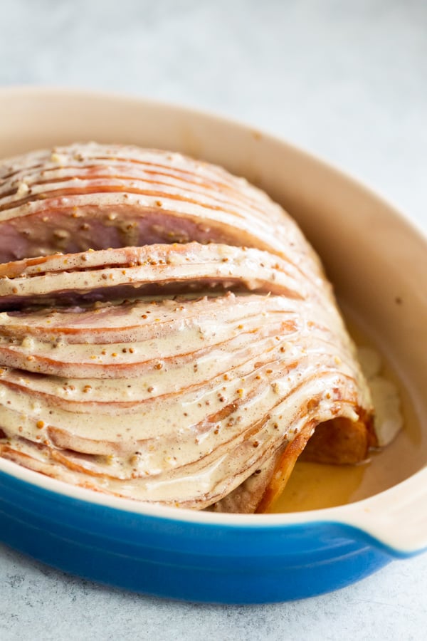 Honey Mustard Baked Ham covered in glaze but unbaked.