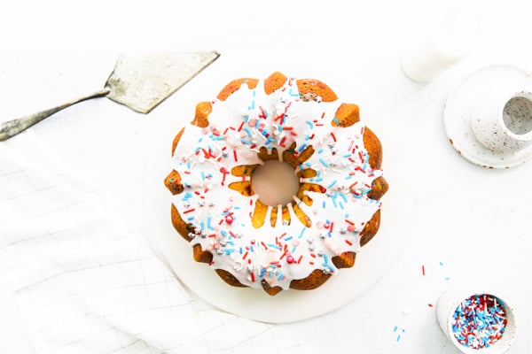 Fourth of July Bundt Cake on a table. 