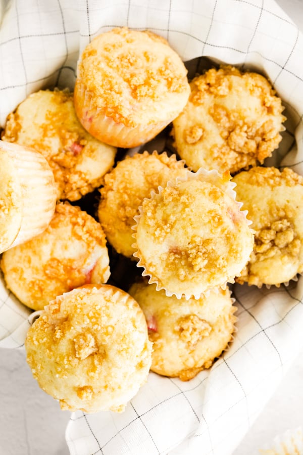 closeup of streusel for streusel topped rhubarb muffins.