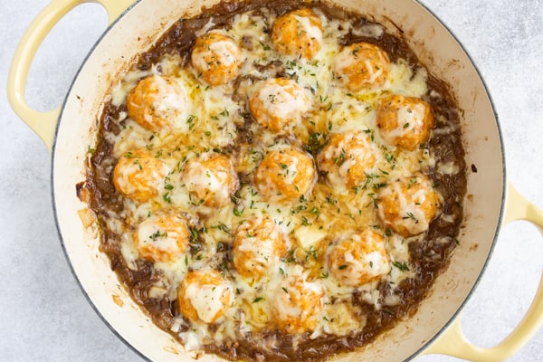 French Onion Chicken Meatballs in a round pan. 