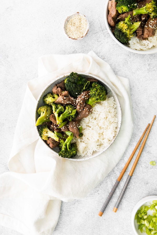 Air Fryer Beef and Broccoli served with white rice. 