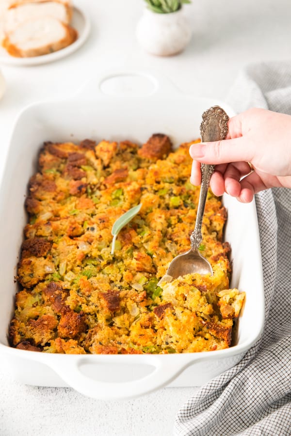 Sage and Cornbread Stuffing  in a dish. 