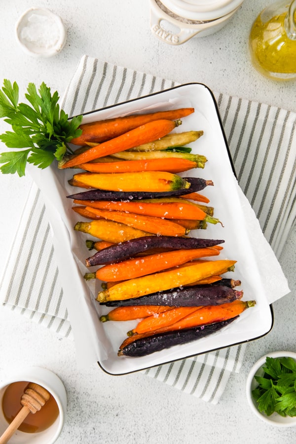 Honey Roasted Carrots in a white dish. 