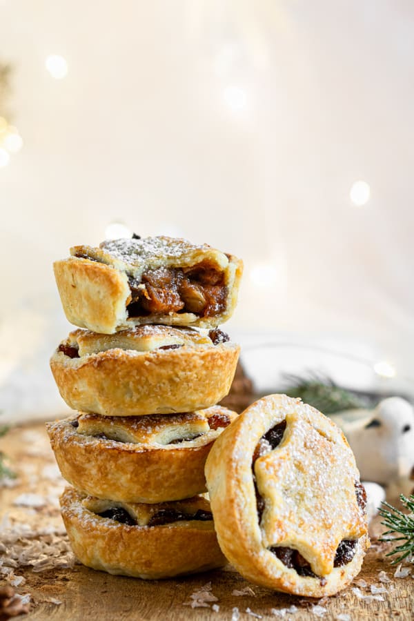 Mini Mincemeat Pies stacked on top of each other. 