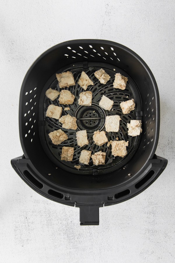 Marinated tofu in an air fryer. 