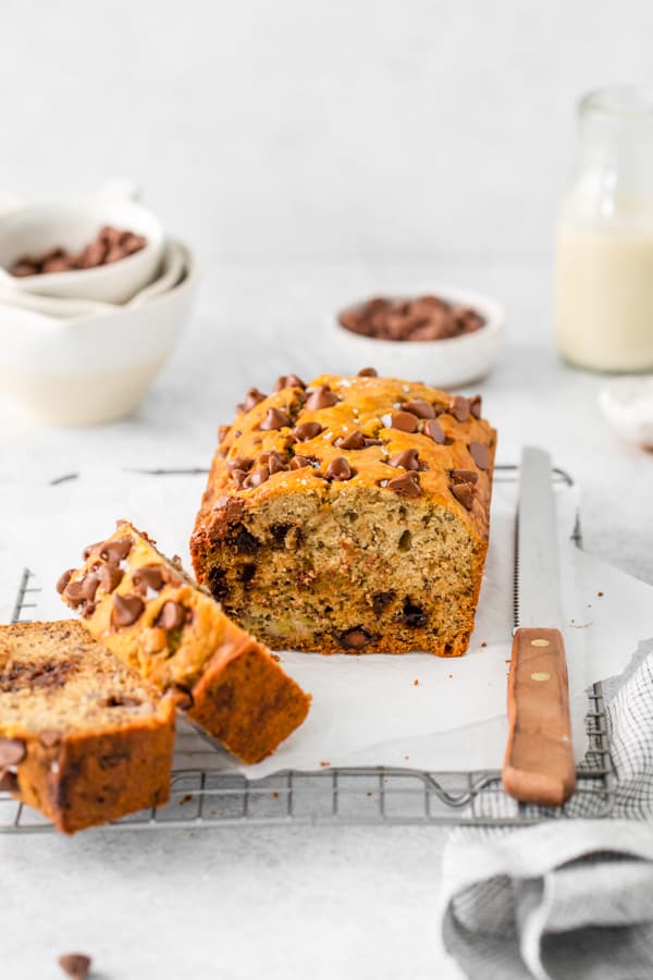 A cut loaf of Chocolate Chip Banana Bread. 