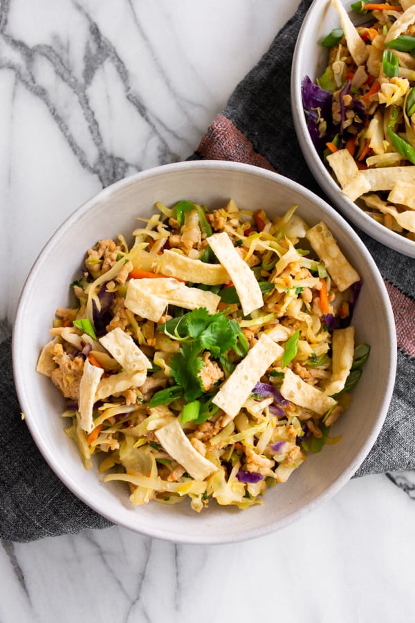 Ground Chicken Egg Roll Bowl topped with fresh cilantro. 