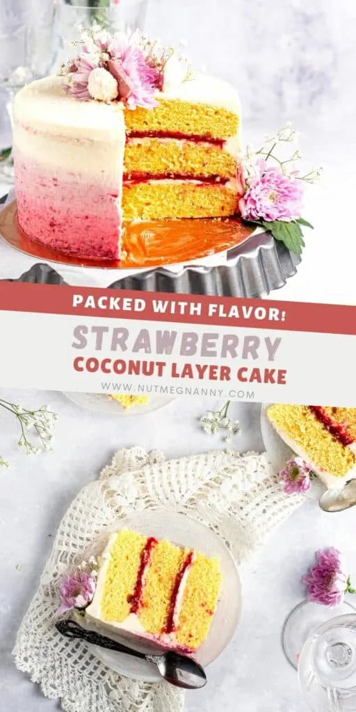 Strawberry Coconut Layer Cake pin for pinterest. 