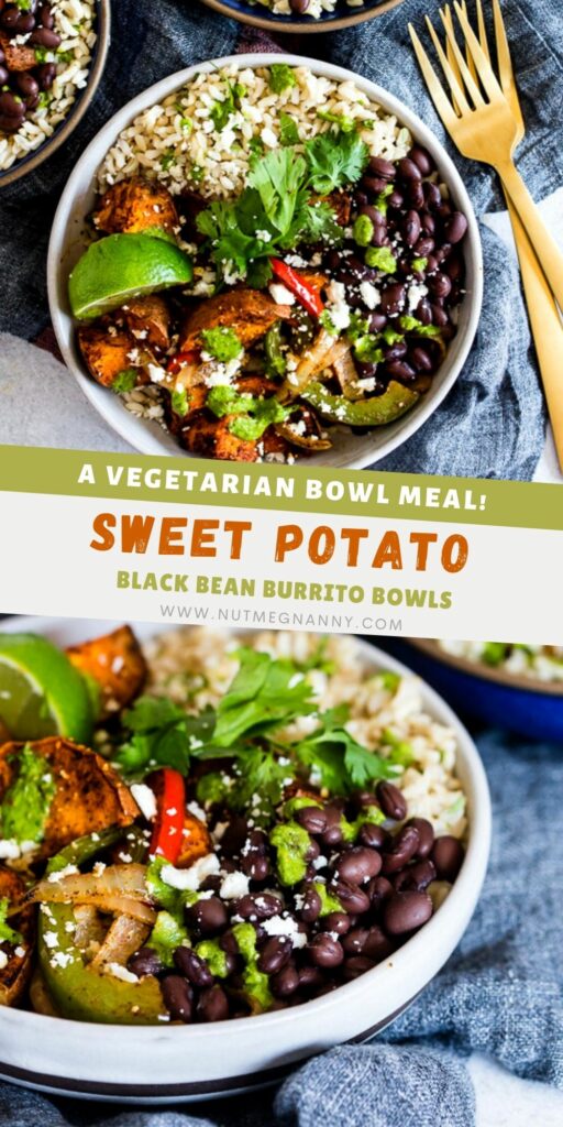Sweet Potato Black Bean Burrito Bowls pin for Pinterest. 