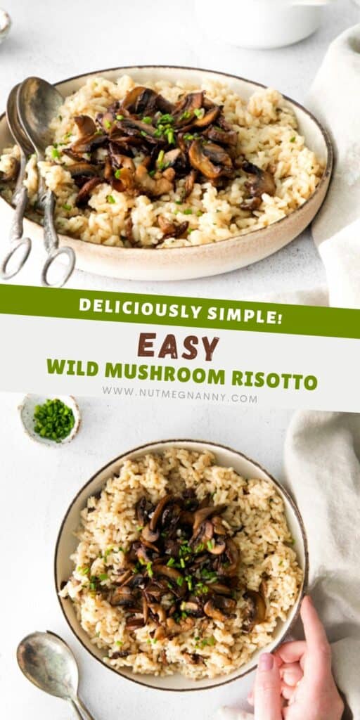 Wild Mushroom Risotto visual pin for Pinterest. 