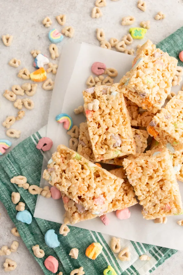Lucky Charms Rice Krispie Treats cut and ready to serve. 