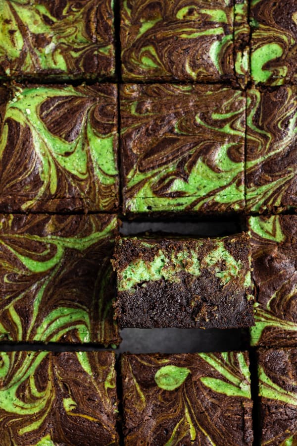 Swirled Mint Cream Cheese Brownies cut to show the layers of mint. 