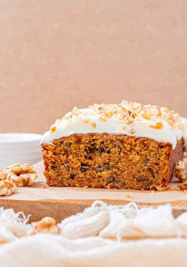 Carrot Cake Loaf Cake sliced to show the inside of the cake. 