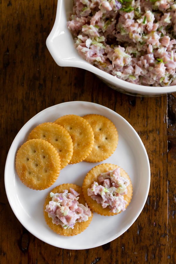 Ham Salad Recipe served on butter crackers. 
