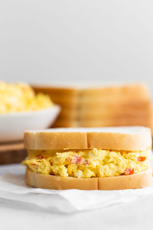 Pimento Cheese Egg Salad served on bread. 