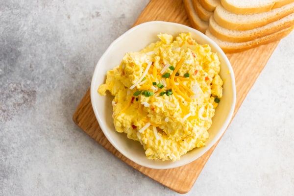 Pimento Cheese Egg Salad in a white bowl. 