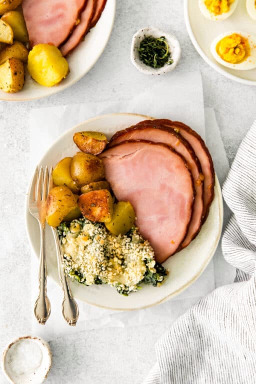 Sheet Pan Easter Dinner with Ham - with potatoes and creamed spinach!