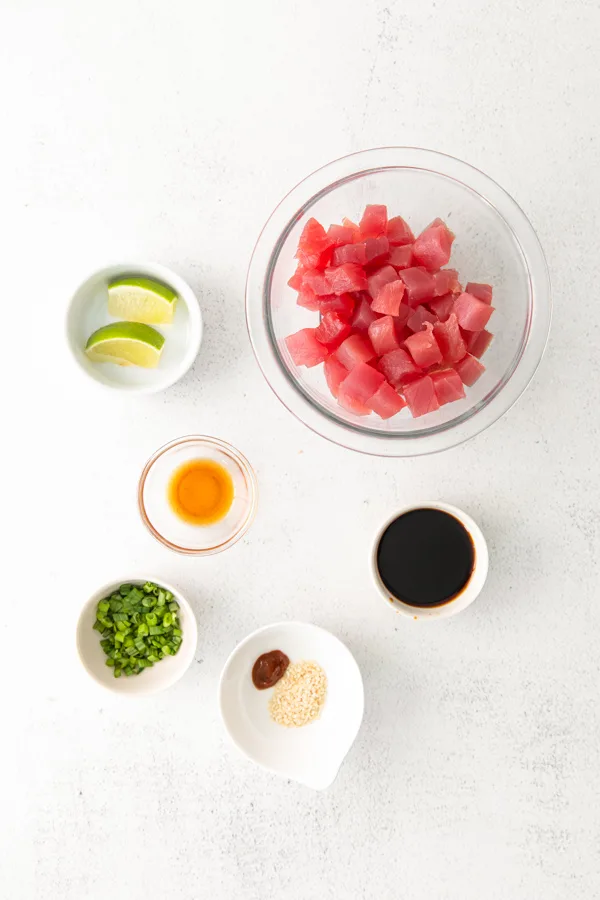Tuna Poke Bowl ingredients on a table. 
