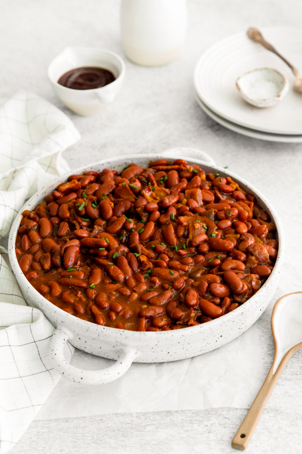 Instant Pot Baked Beans served in a large bowl. 