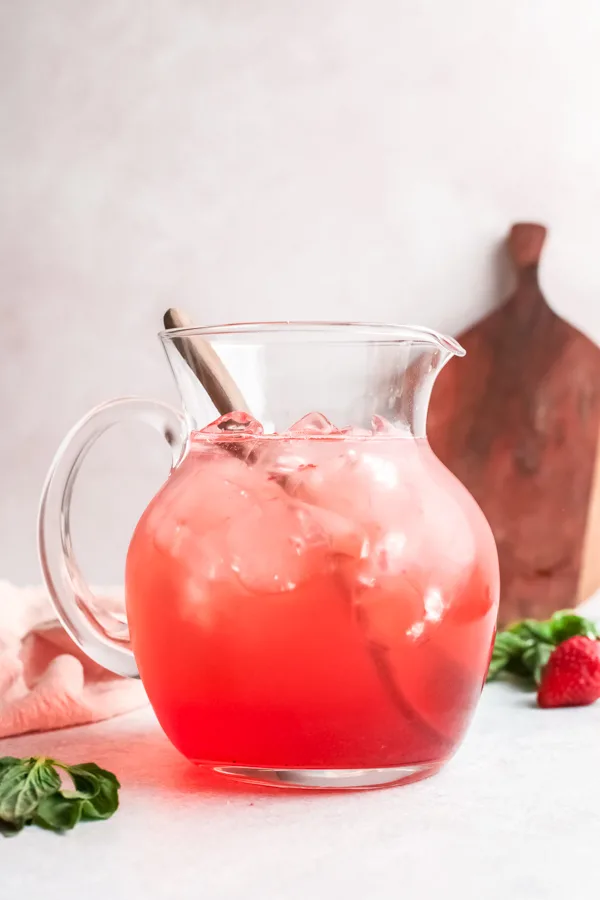 Strawberry Basil Gin Rickey in a glass pitcher. 
