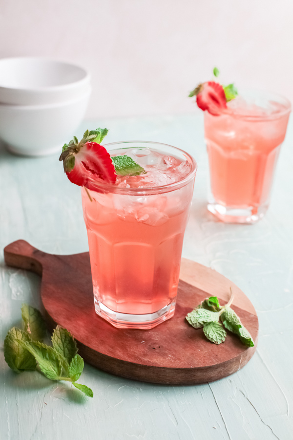Strawberry Basil Gin Rickey in a glass. 