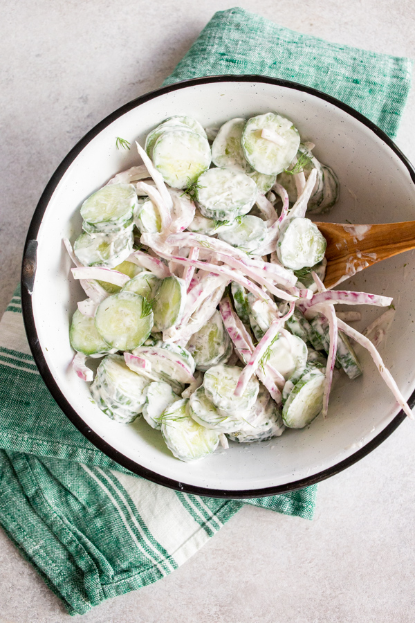 Creamy Cucumber Salad in a bowl. 