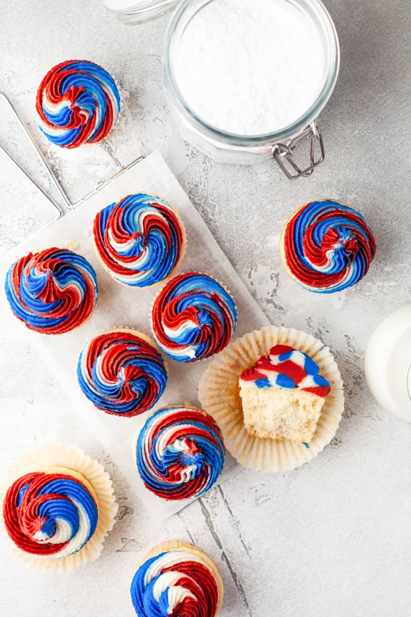 Patriotic Party Cupcakes 3 Close-up of a single Fourth of July cupcake with perfectly swirled frosting.