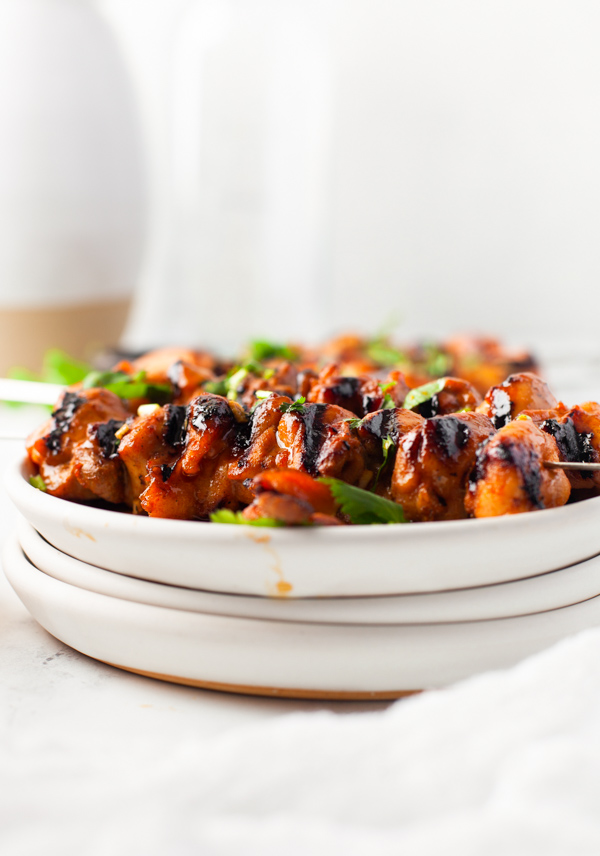 Hot Honey Chicken Skewers served on a plate. 