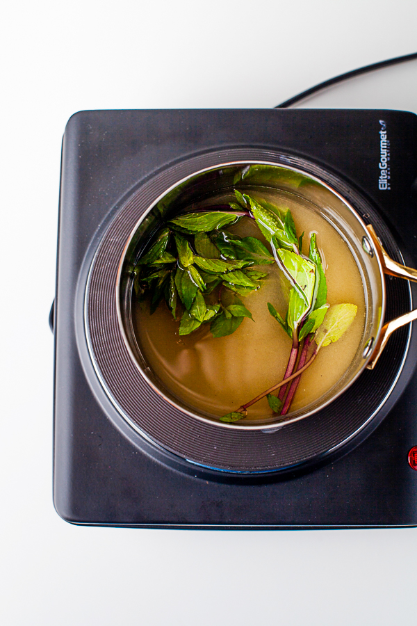 Mint Simple Syrup in a pot. 