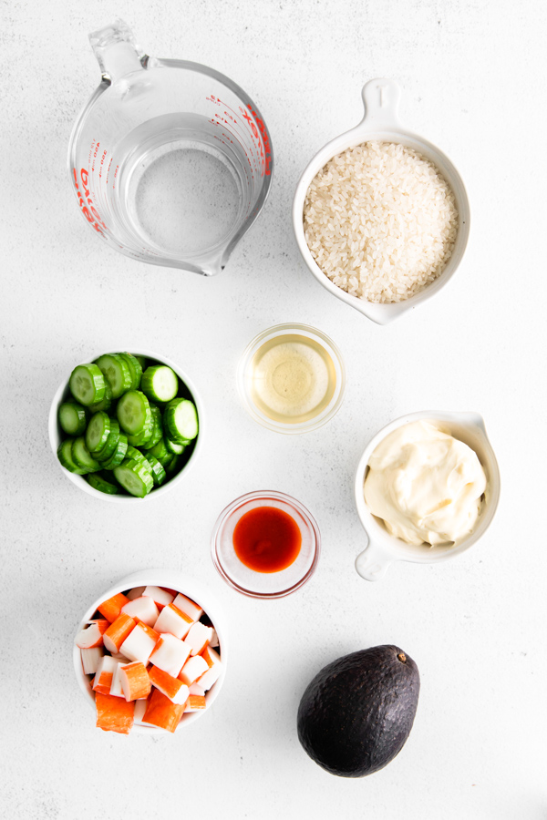 Ingredients to make California Roll Sushi Bowl. 