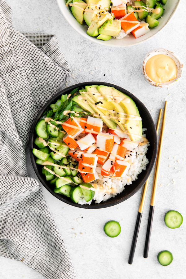 California Roll Sushi Bowl drizzled with spicy mayo. 