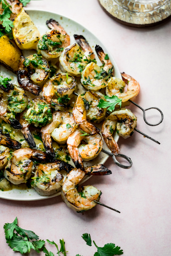 Chimichurri Grilled Shrimp Skewers on a plate. 