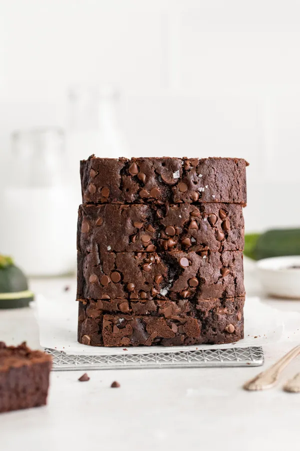 Slices of Chocolate Zucchini Bread stacked. 