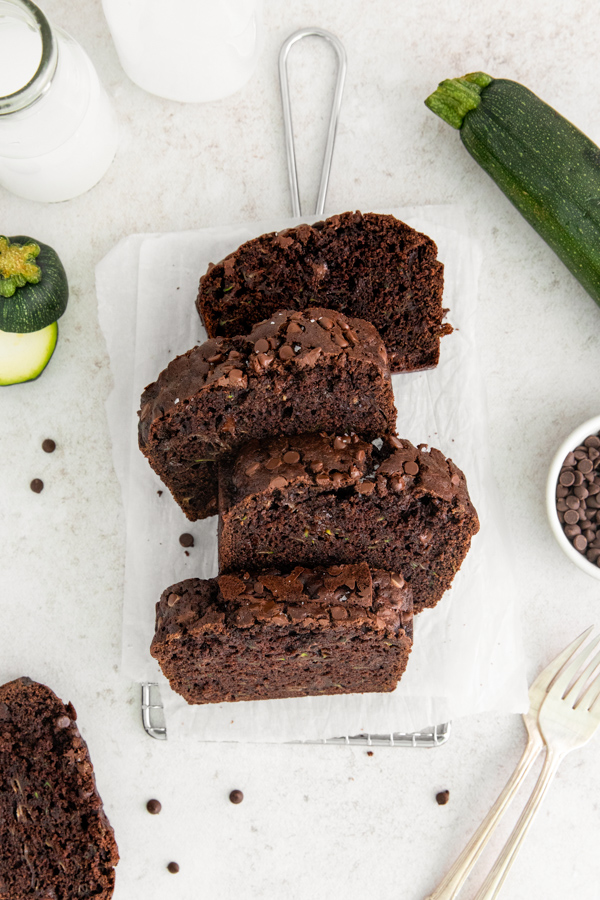 Chocolate Zucchini Bread sliced on a table. 