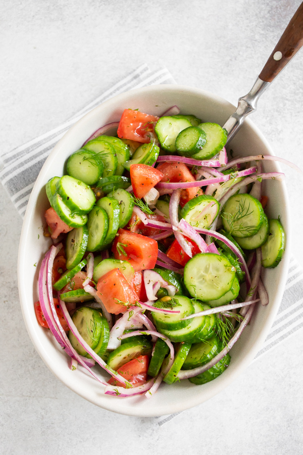 Cucumber Tomato Salad in a large serving bowl. 