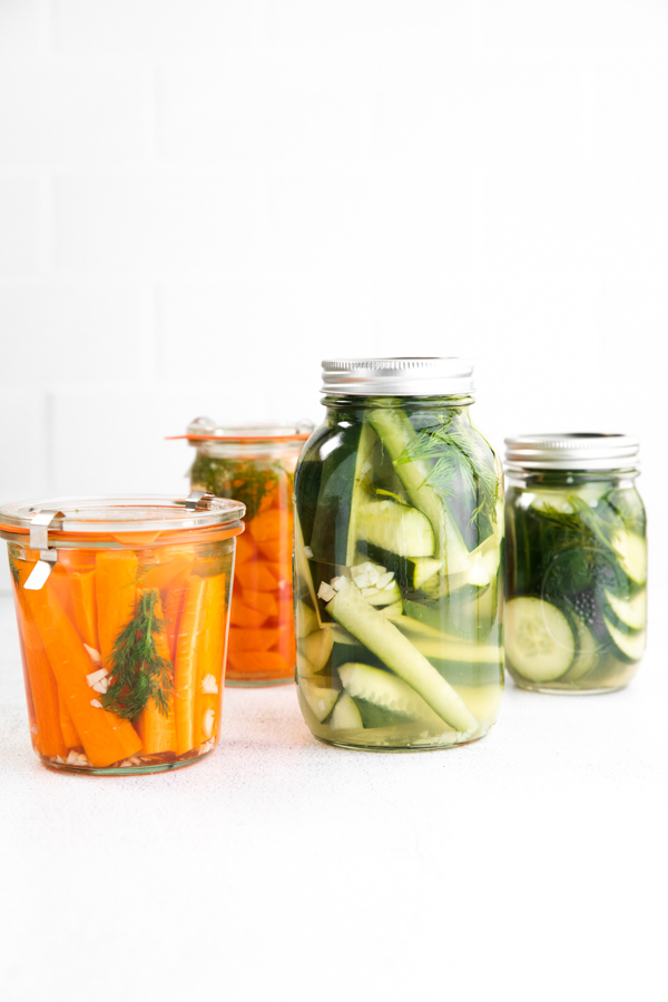 Easy Refrigerator Pickles sitting in jars. 
