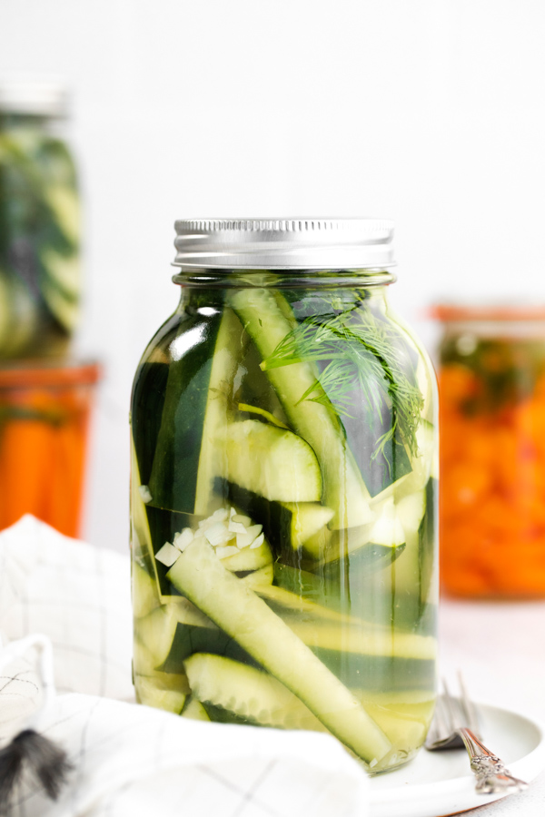 Easy Refrigerator Pickles in a glass jar. 