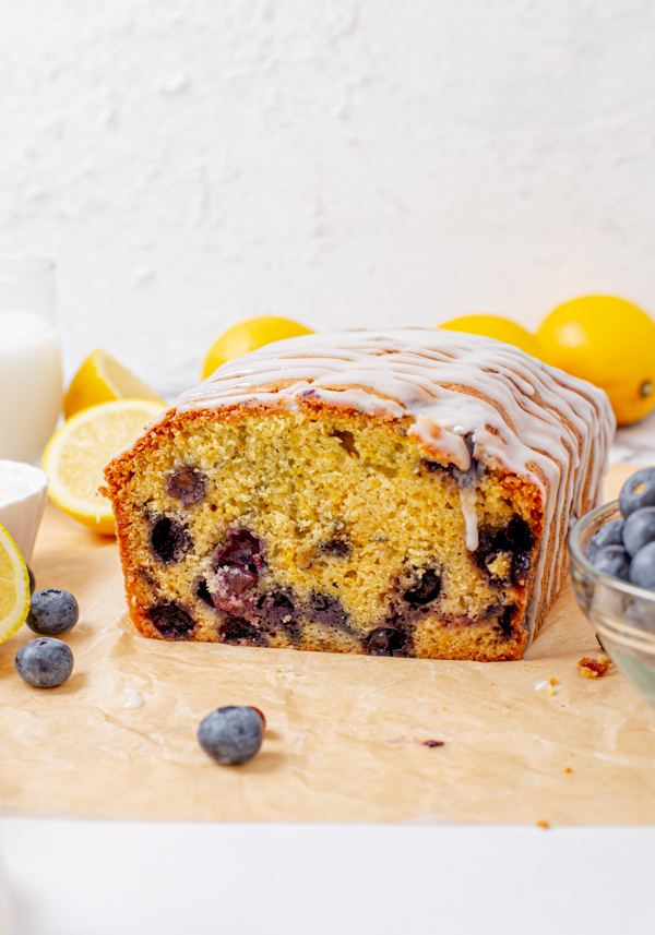Blueberry Lemon Pound Cake sliced to show the center of the bread. 