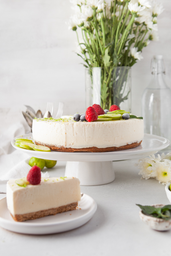 Frozen Lime Pie on a cake stand. 