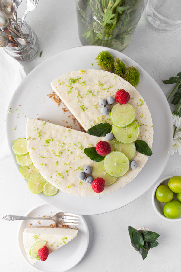 Frozen Lime Pie on a white plate. 