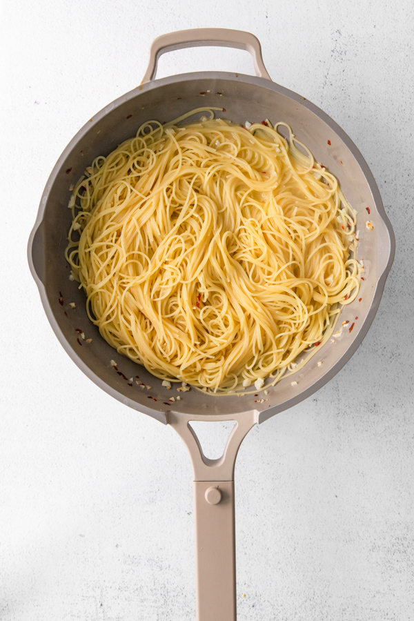 Pasta in a skillet. 