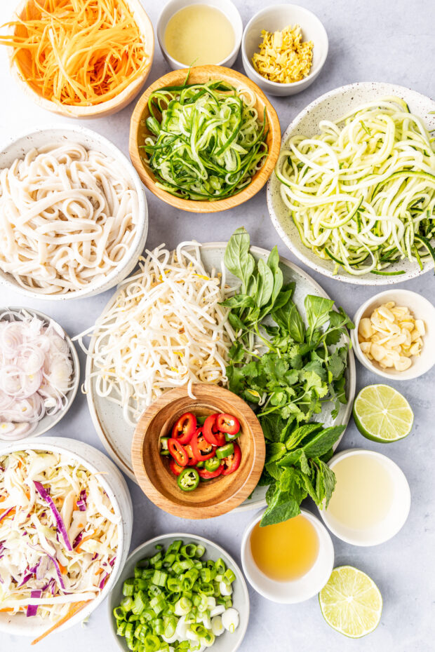Ingredients to make Vietnamese Zoodle Noodle Salad on a table. 