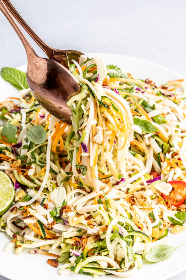 Vietnamese Zoodle Noodle Salad being picked up by salad tongs. 