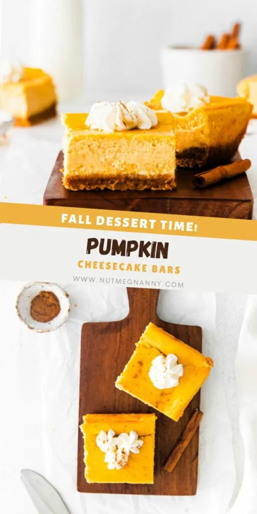 Graphic pin for Pinterest of Pumpkin Cheesecake Bars. 